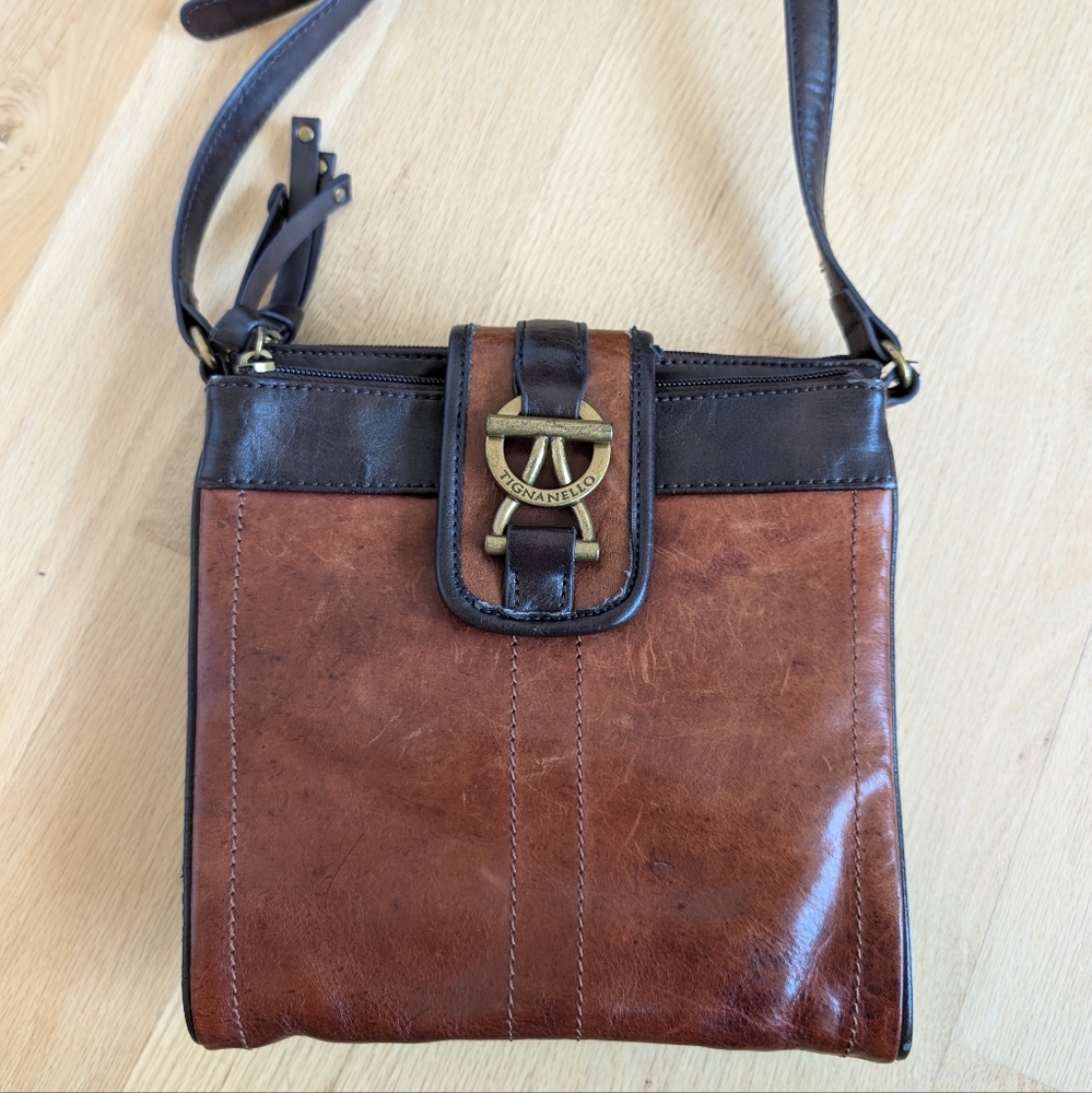 Tignanello two tone brown leather crossbody purse